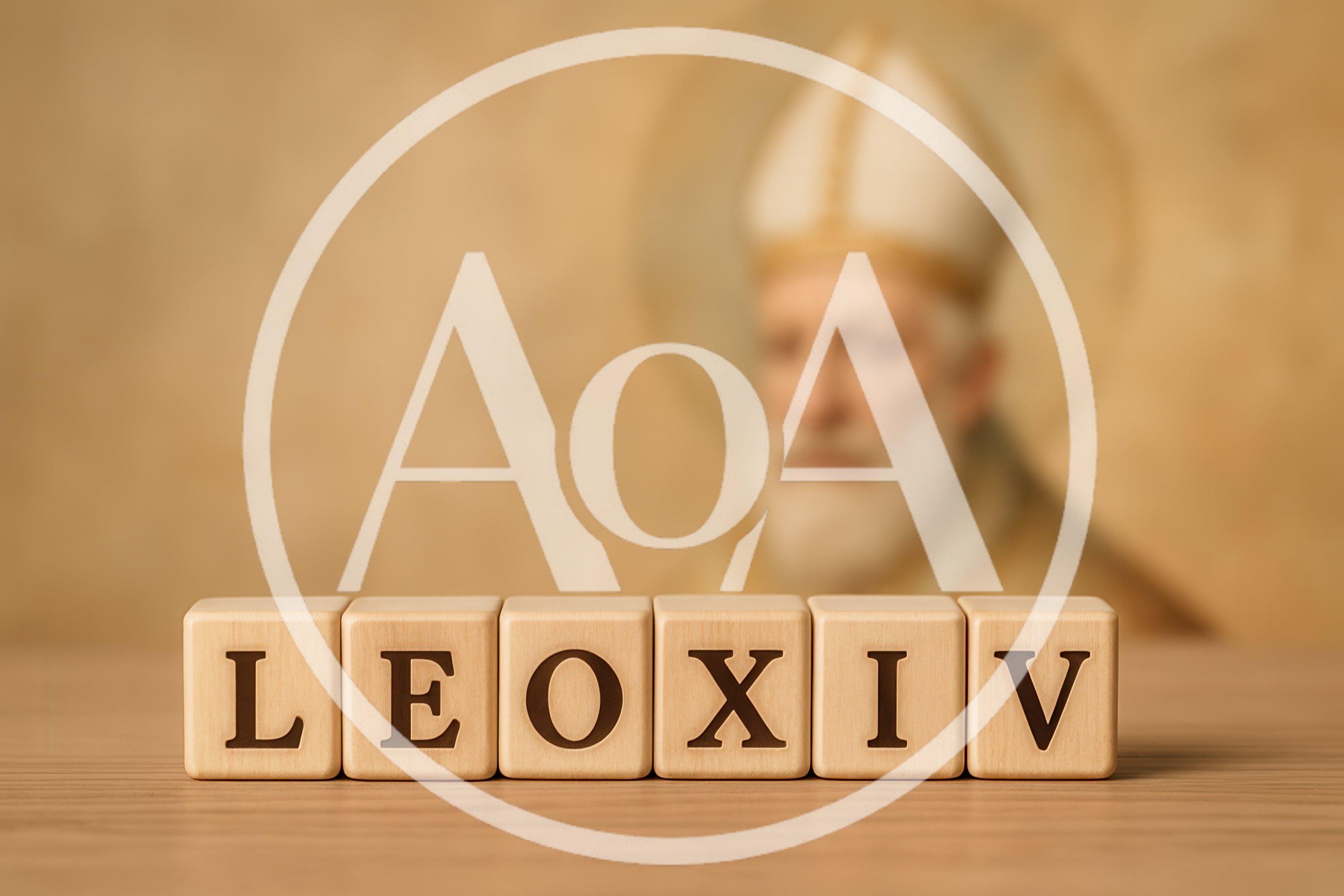 Wooden Blocks Spelling LEO XIV With Blurred Pope Background