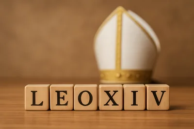 Wooden Blocks Spelling Leo XIV With A Mitre