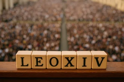 Wooden Blocks Spelling LEOXIV Before A Blurred Crowd
