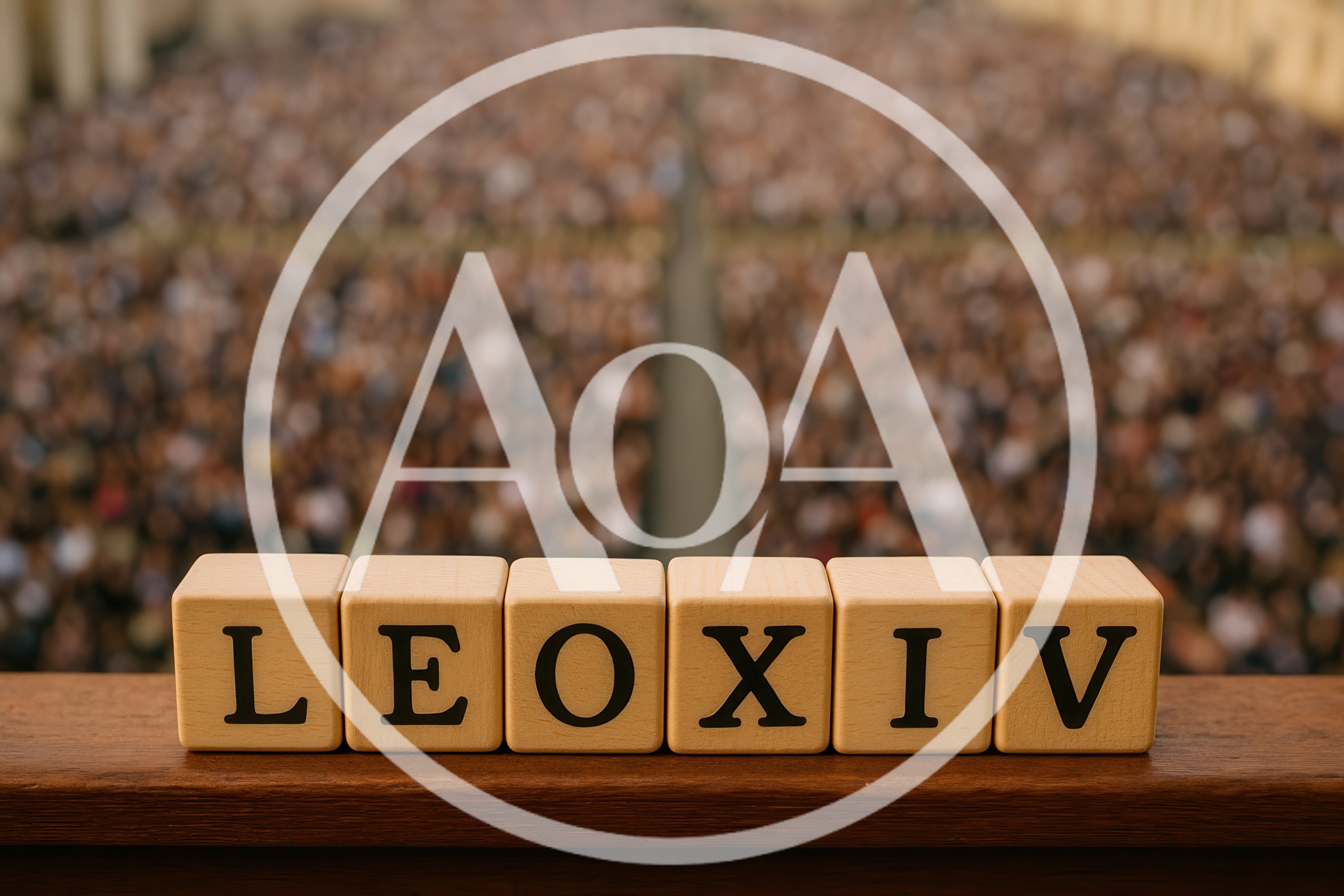 Wooden Blocks Spelling LEOXIV Before A Blurred Crowd
