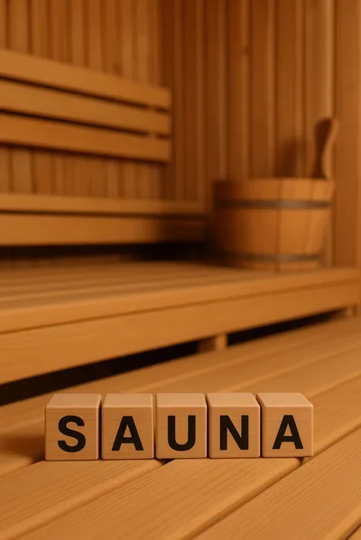 Wooden Blocks Spelling Sauna In A Traditional Sauna Room