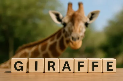 Wooden Blocks Spelling Giraffe With Blurred Giraffe Background