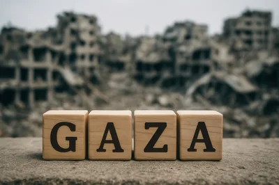 Wooden Blocks Spelling Gaza Against A War Torn Background