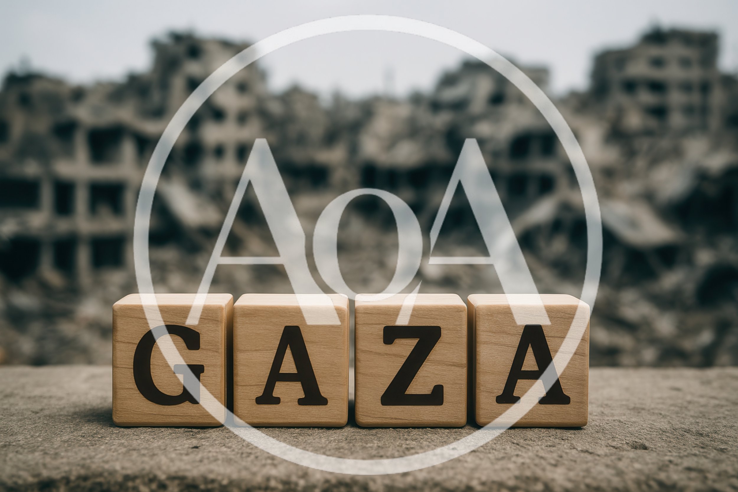 Wooden Blocks Spelling Gaza Against A War Torn Background