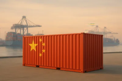 Shipping Container With Chinese Flag At Port