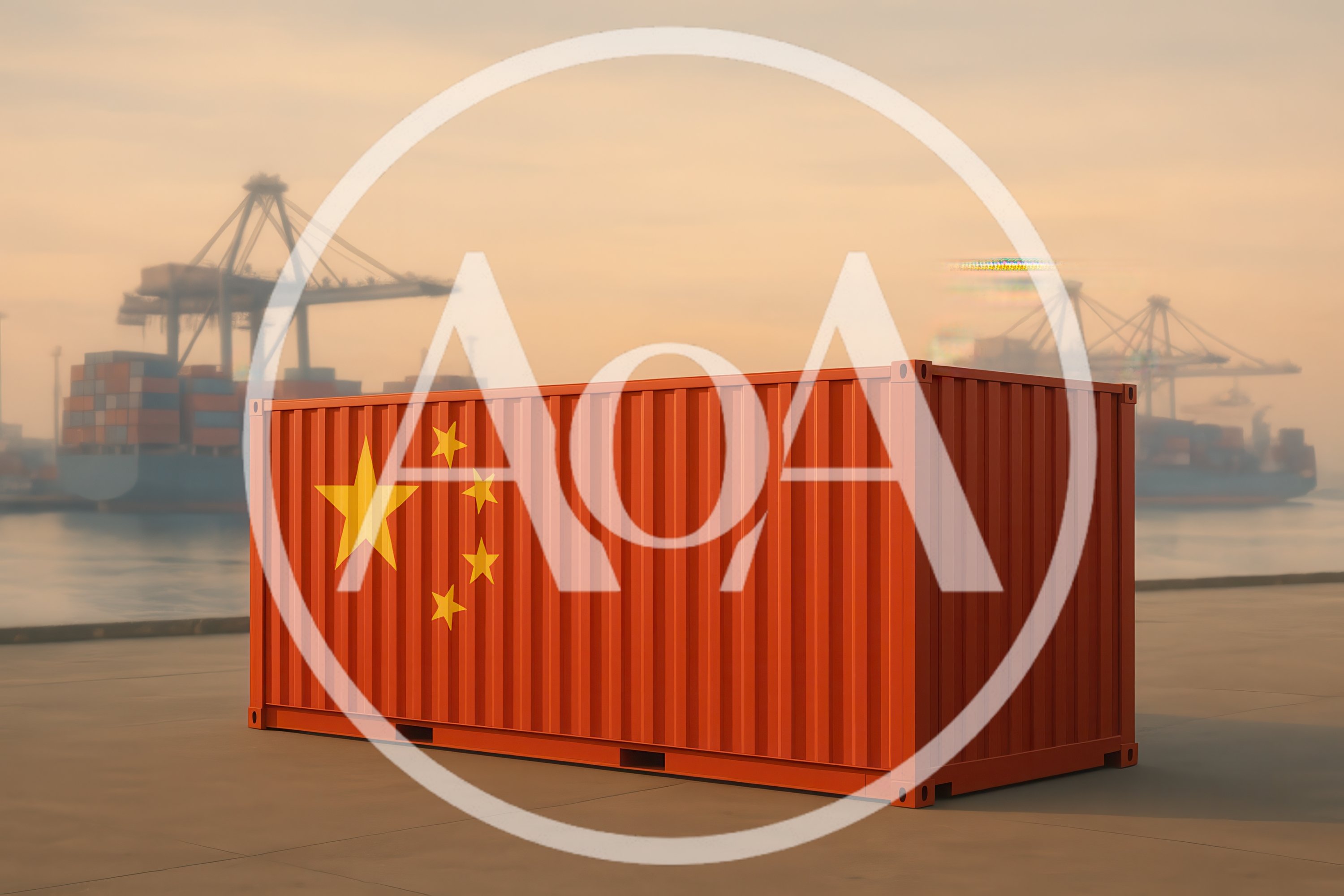Shipping Container With Chinese Flag At Port