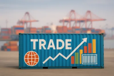 Blue Shipping Container With Trade Graphics At Port