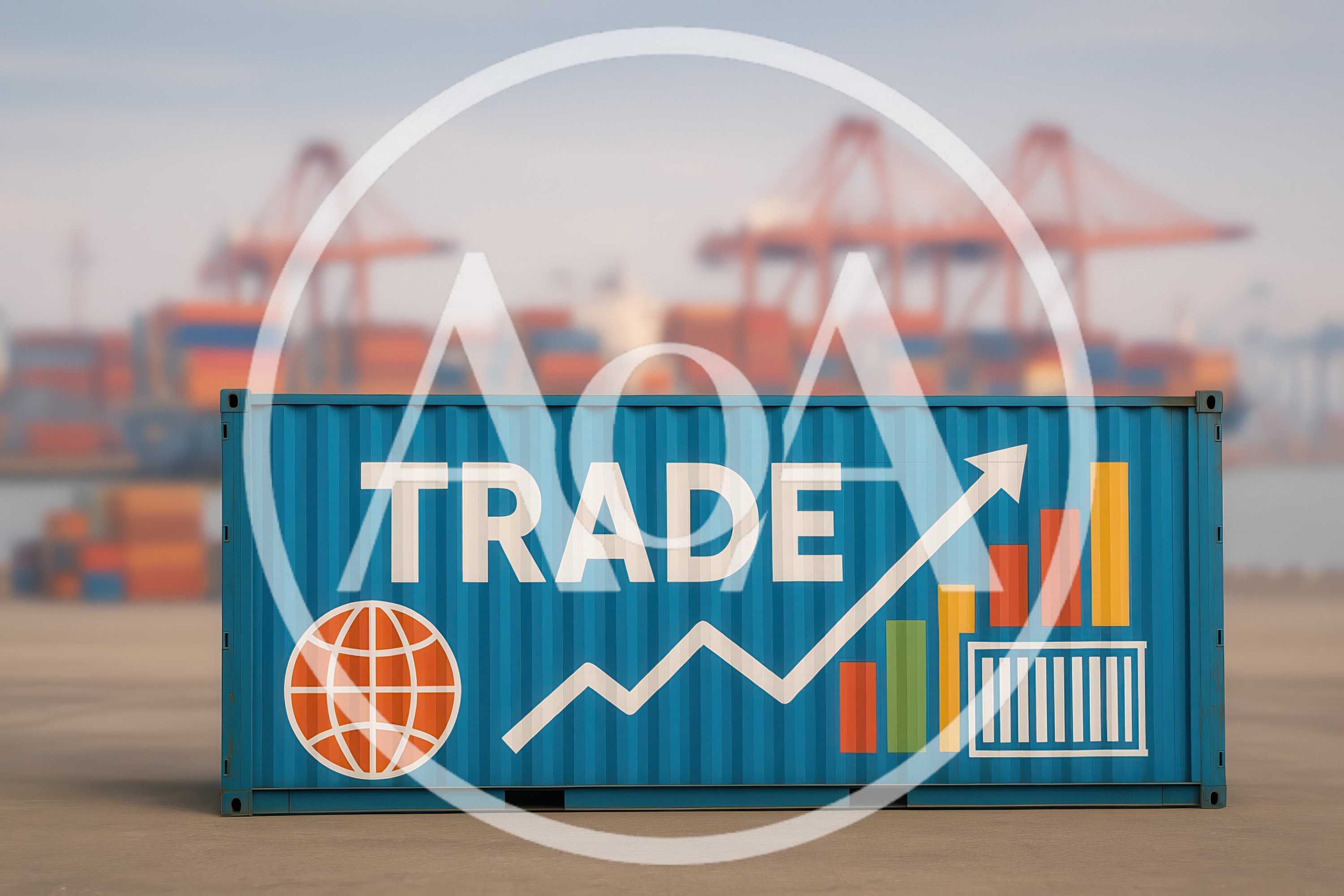Blue Shipping Container With Trade Graphics At Port