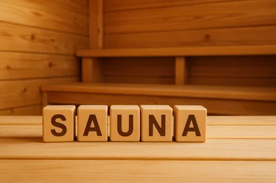 Wooden Blocks Spelling Sauna in a Traditional Sauna Room