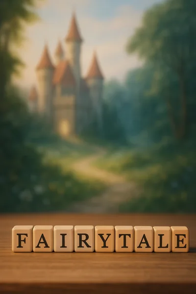 Wooden Blocks Spelling Fairytale With Blurred Castle Background