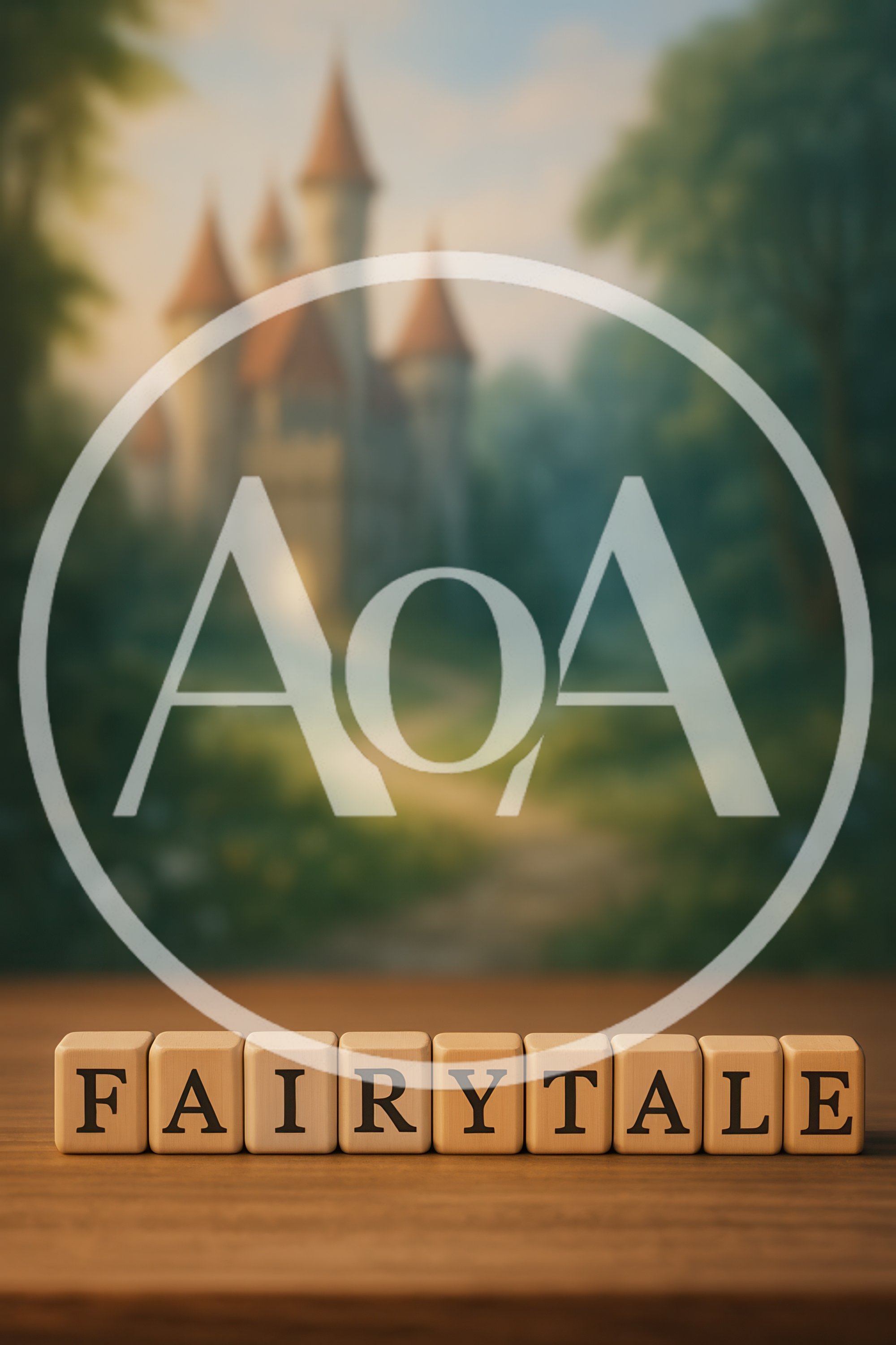 Wooden Blocks Spelling Fairytale With Blurred Castle Background