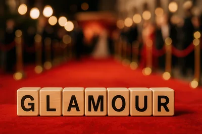 Glamour Word Spelled With Wooden Blocks On Red Carpet