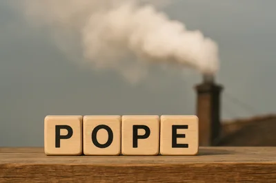 Wooden Blocks Spelling Pope With Industrial Chimney Background