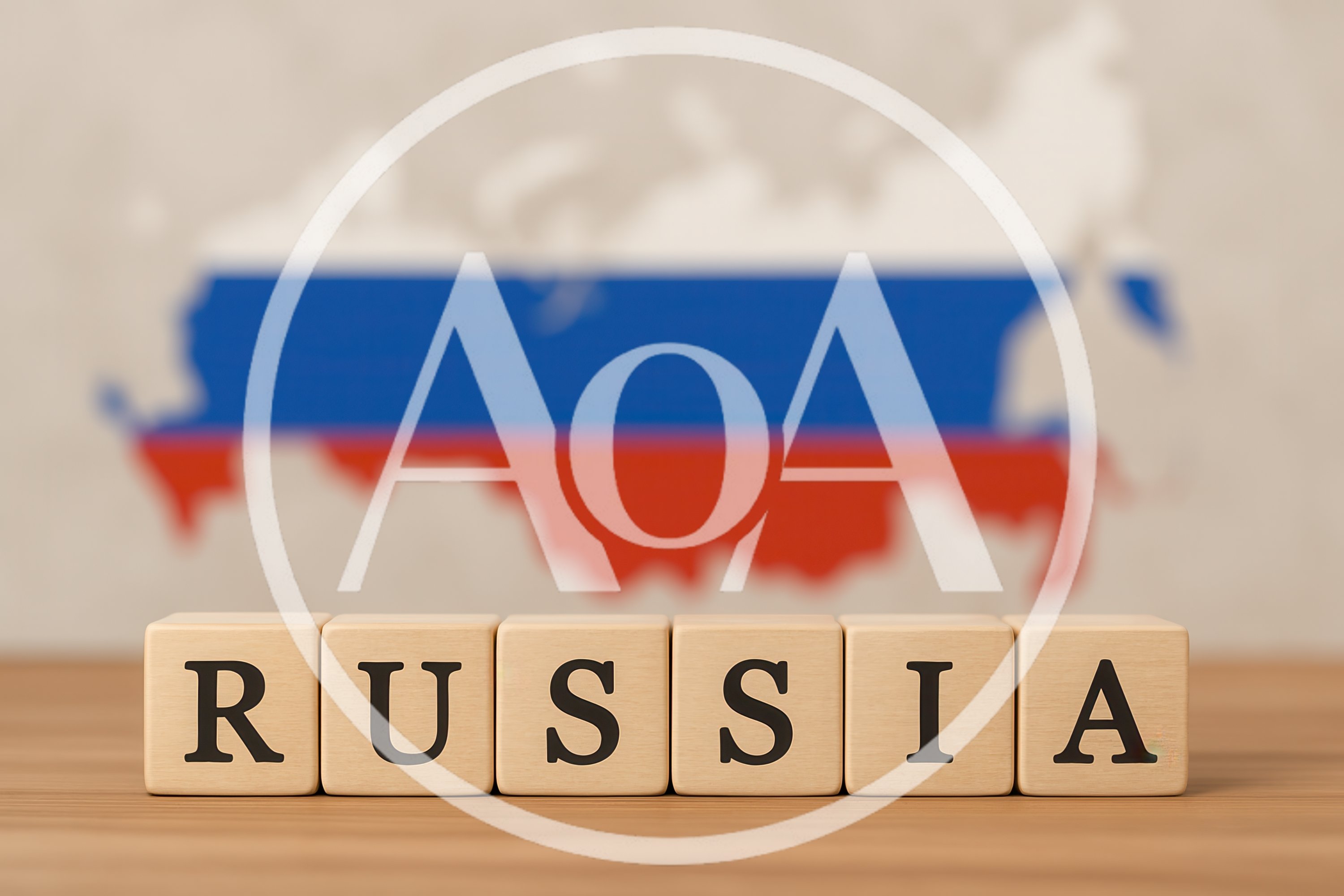 Wooden Blocks Spelling Russia With National Map Background