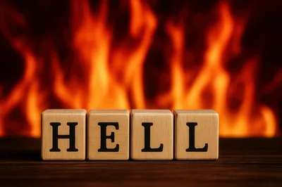 Wooden Blocks Spelling Hell Against A Fiery Background