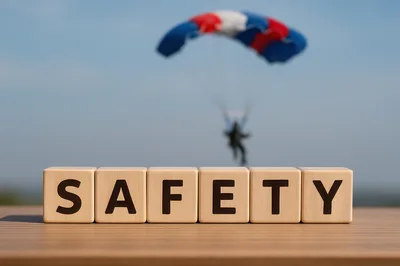 Wooden Blocks Spelling Safety With Parachutist In Background