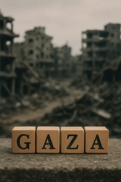 Wooden Blocks Spelling Gaza Against A War-Torn Cityscape