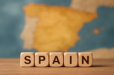 Wooden Blocks Spelling Spain In Front Of Map