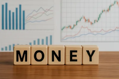Wooden Blocks Spelling Money On A Financial Chart Background
