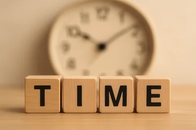 Wooden Blocks Spelling Time With Blurred Clock Background