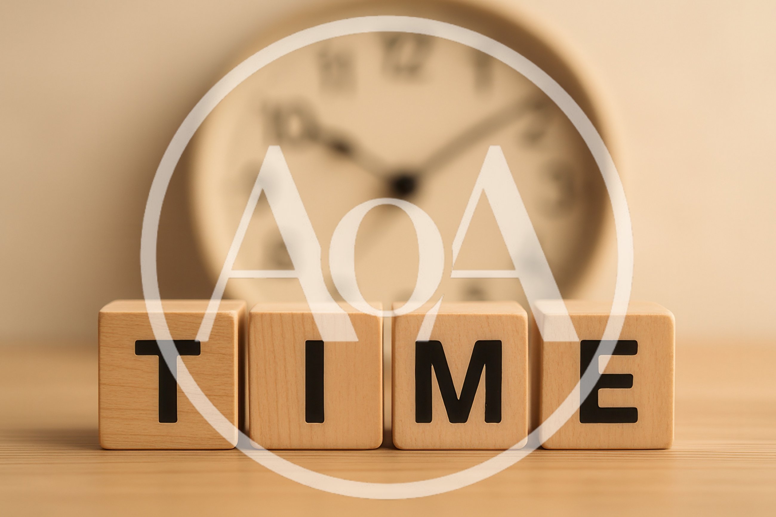 Wooden Blocks Spelling Time With Blurred Clock Background