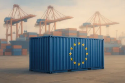 European Union Flag Shipping Container At Port