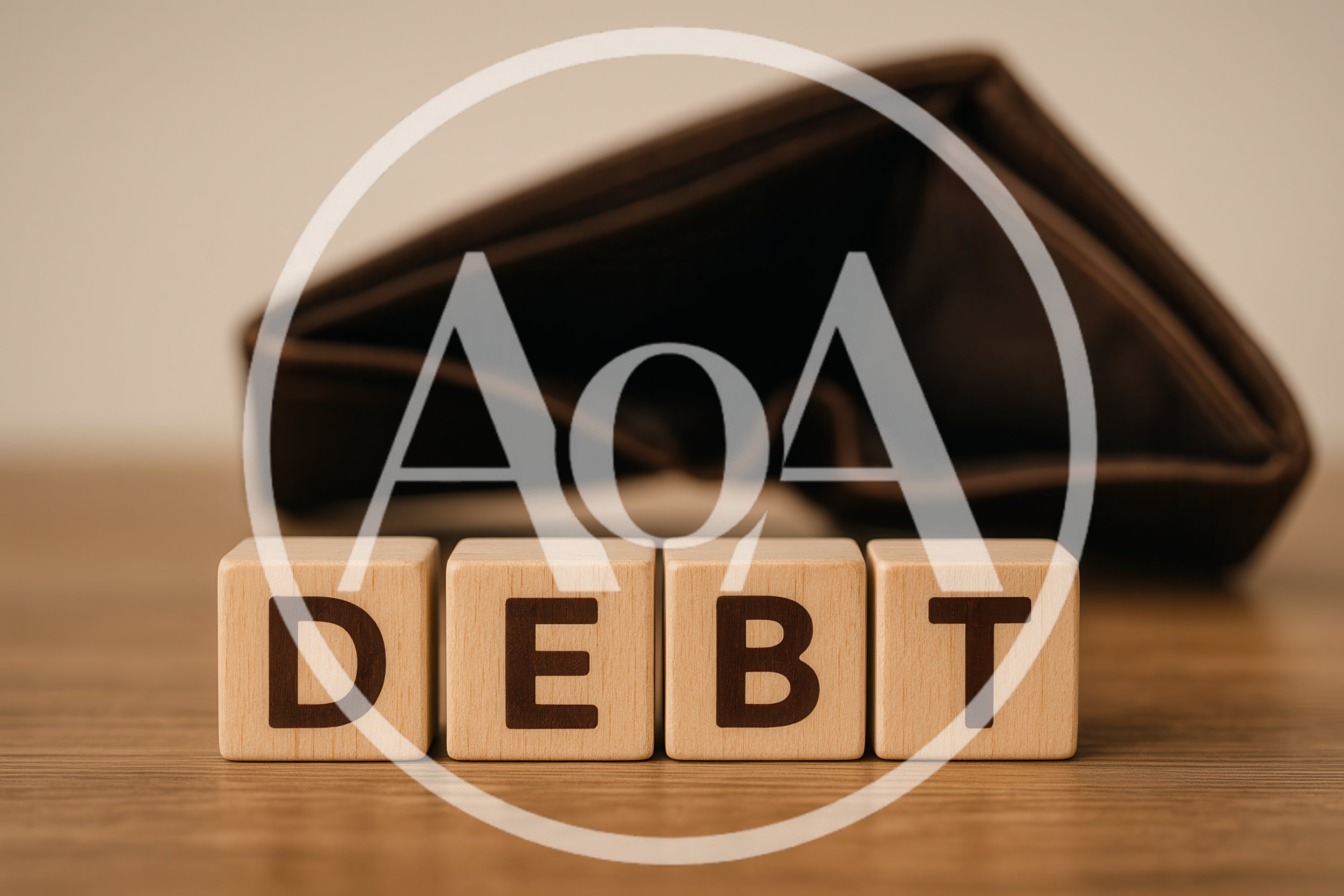 Wooden Blocks Spelling Debt With An Empty Wallet