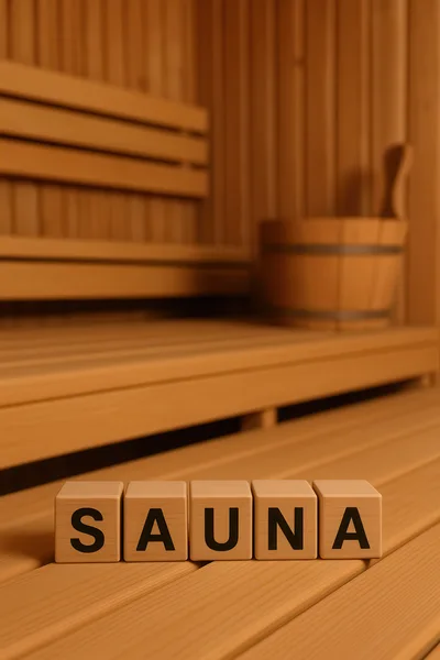 Wooden Blocks Spelling Sauna in a Traditional Sauna Room