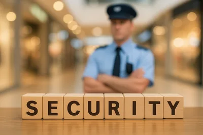 Security Guard Standing Behind Wooden Blocks Spelling Security