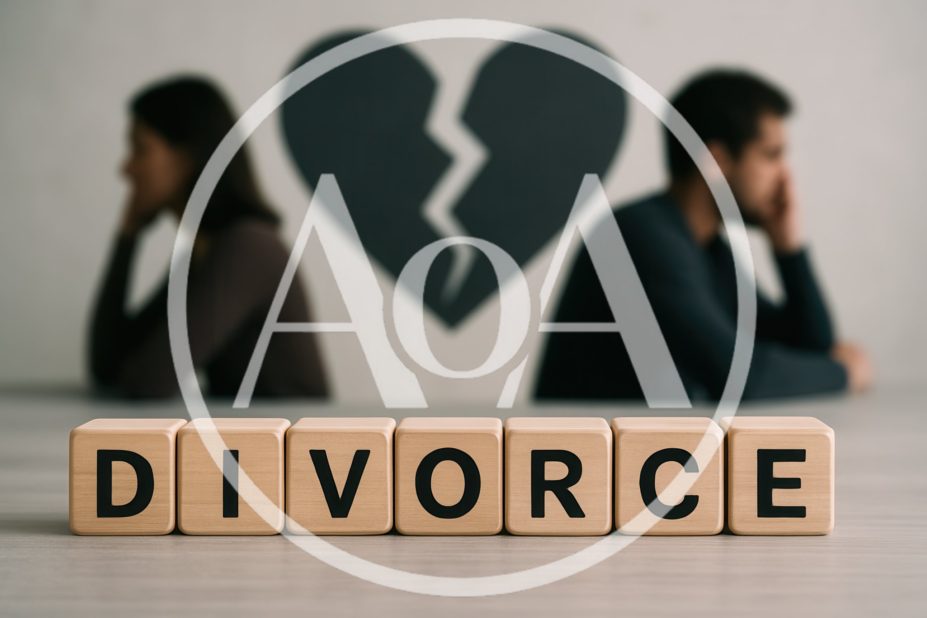 Wooden Blocks Spelling Divorce With Blurred Couple In Background