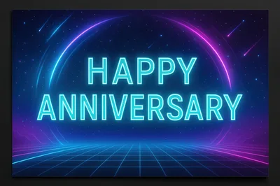 Neon Happy Anniversary Text On Retro Synthwave Background