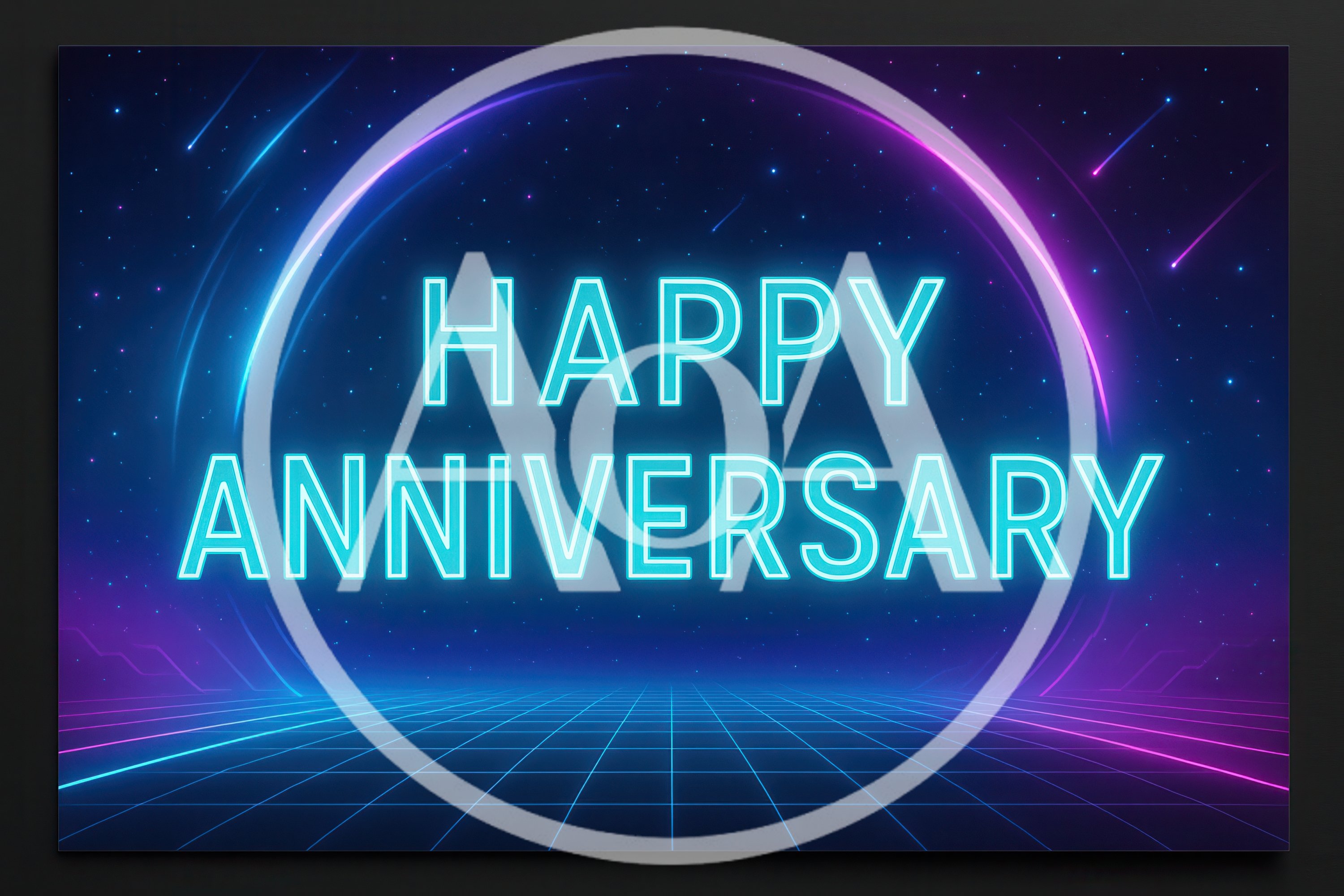 Neon Happy Anniversary Text On Retro Synthwave Background