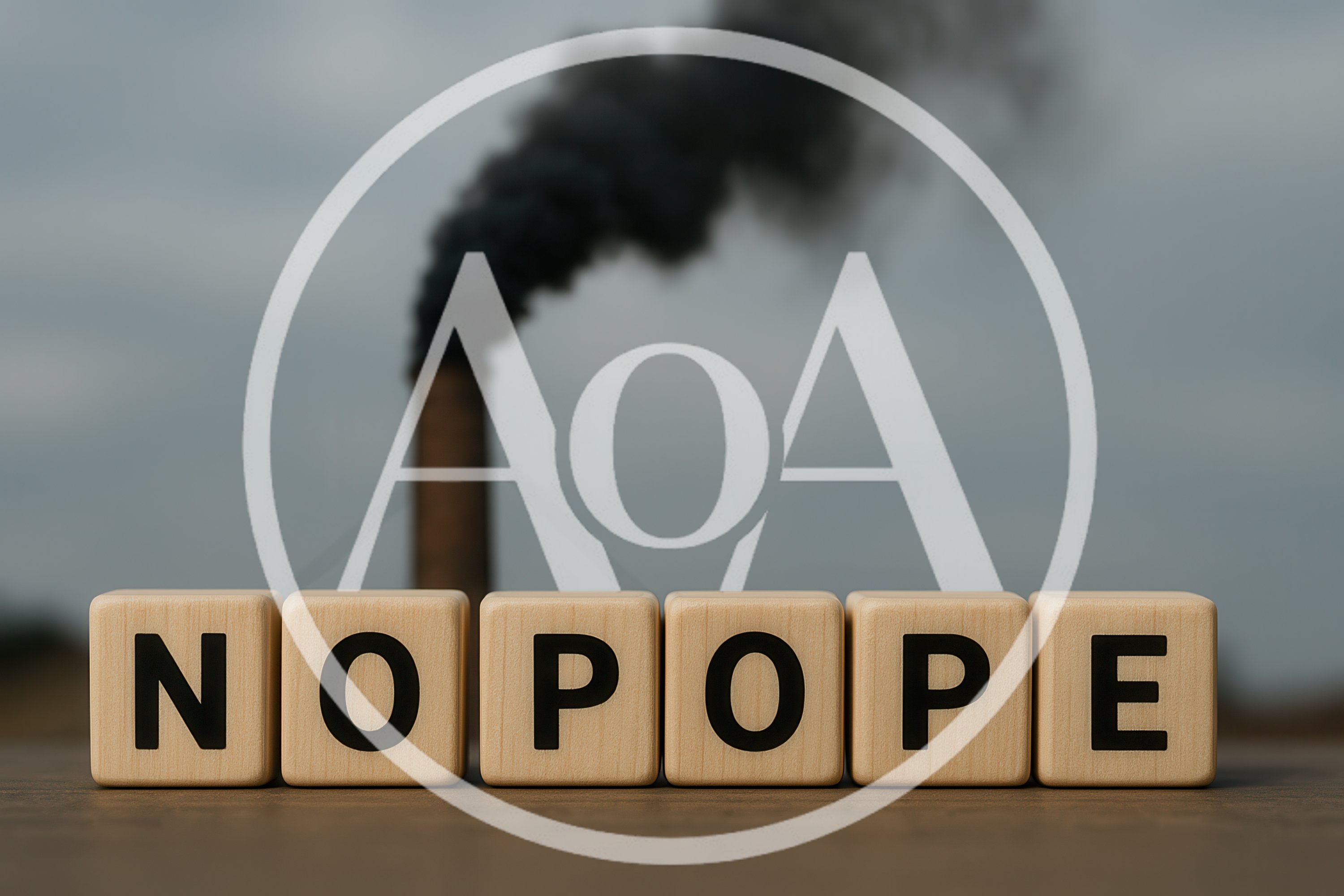 Wooden Blocks Spelling No Pope Before Industrial Smoke Stack