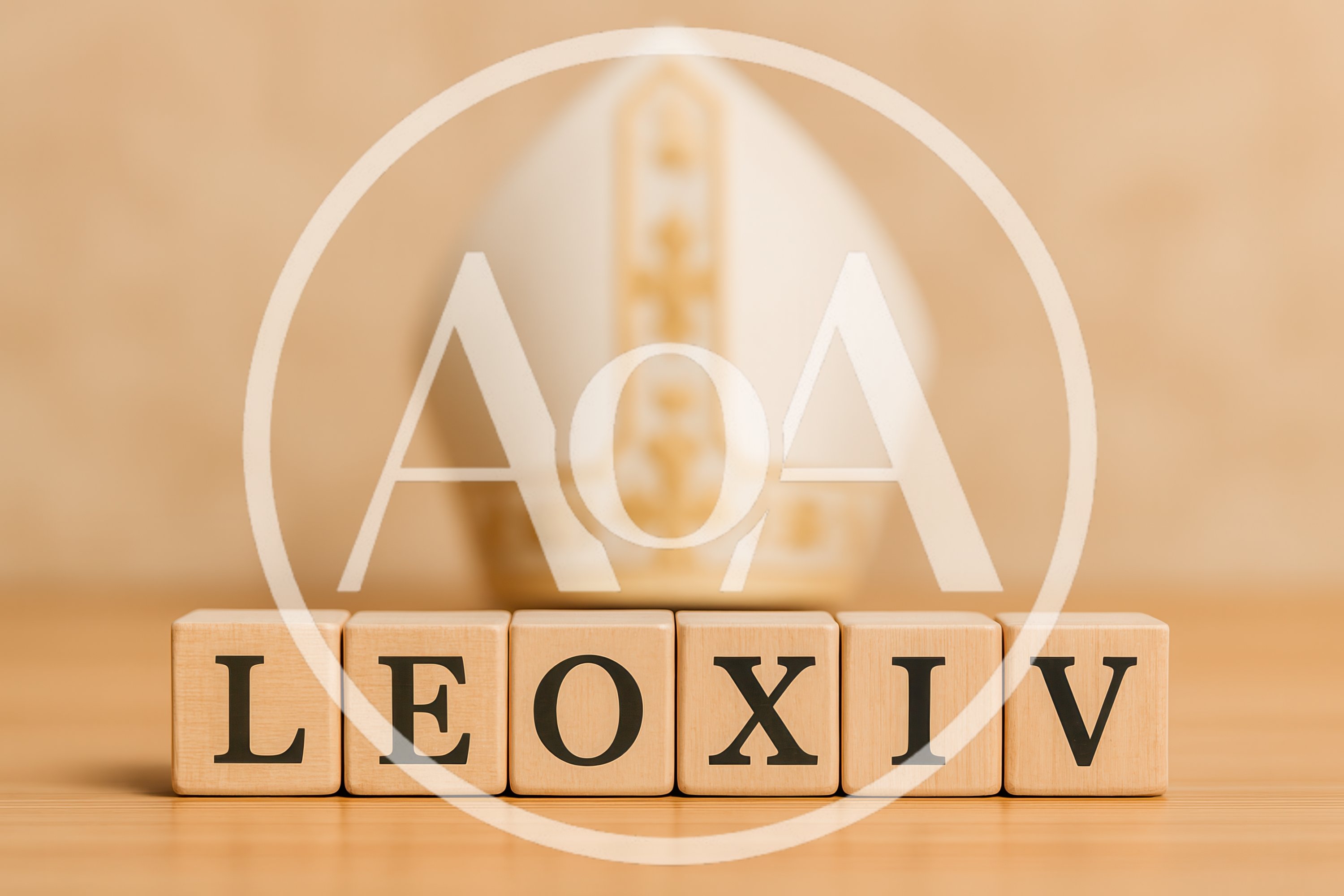 Wooden Blocks Spelling LEOXIV With A Mitre In Background