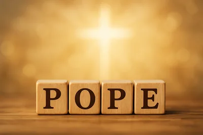 Wooden Blocks Spelling Pope With Glowing Cross Background