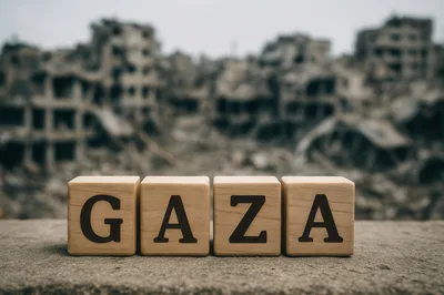 Wooden Blocks Spelling Gaza Against A War Torn Background