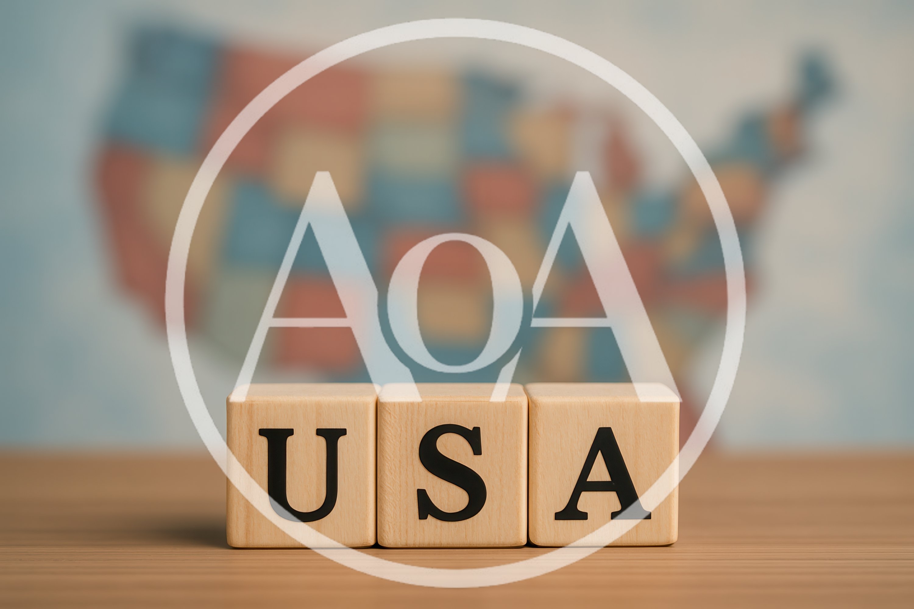 Wooden Blocks Spelling USA With Blurred Map Background
