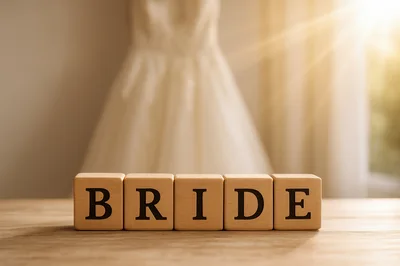 Wooden Blocks Spelling Bride With Wedding Dress Background
