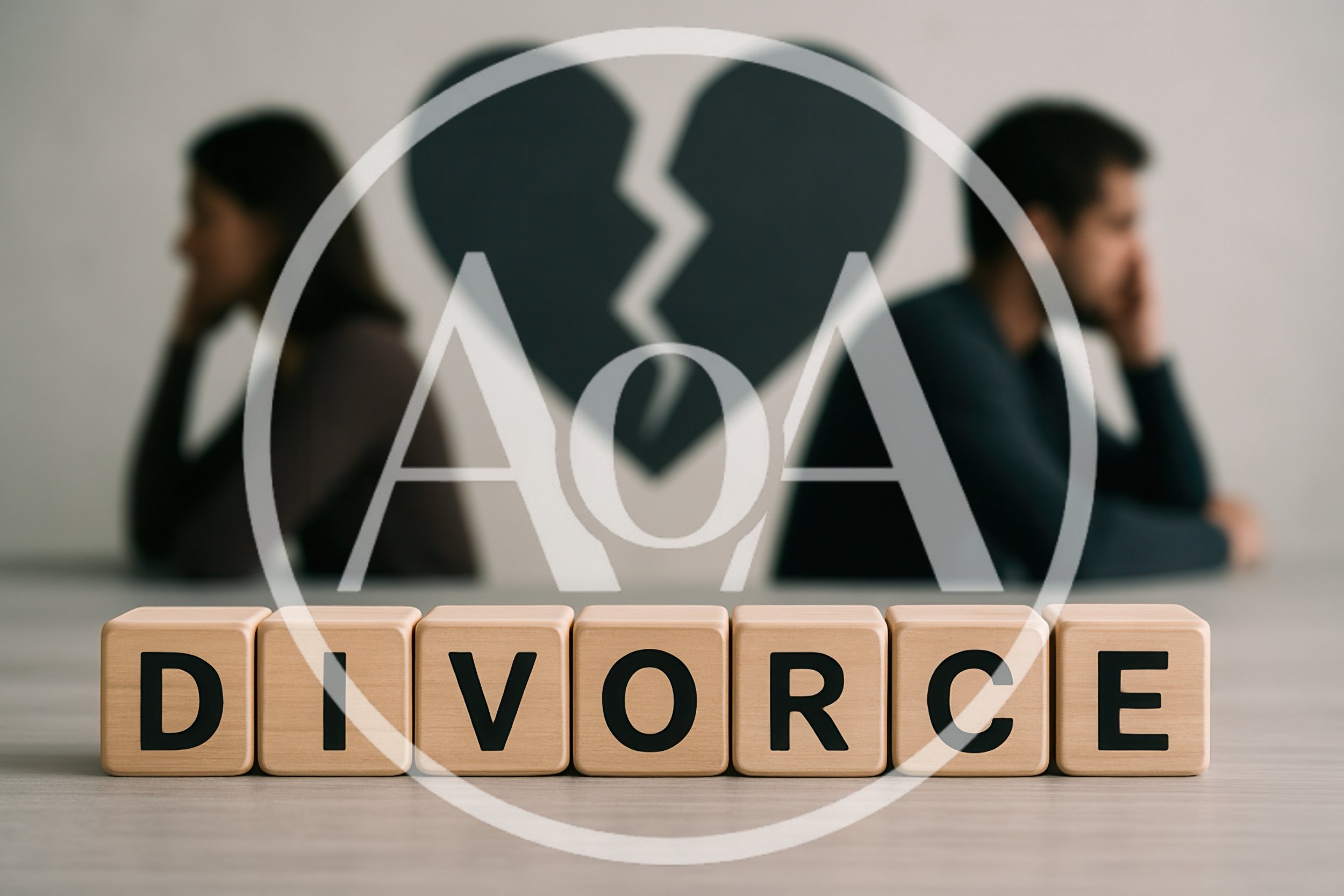Wooden Blocks Spelling Divorce With Distressed Couple In Background