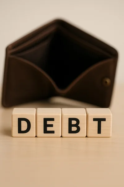 Wooden Blocks Spelling Debt In Front Of Empty Wallet