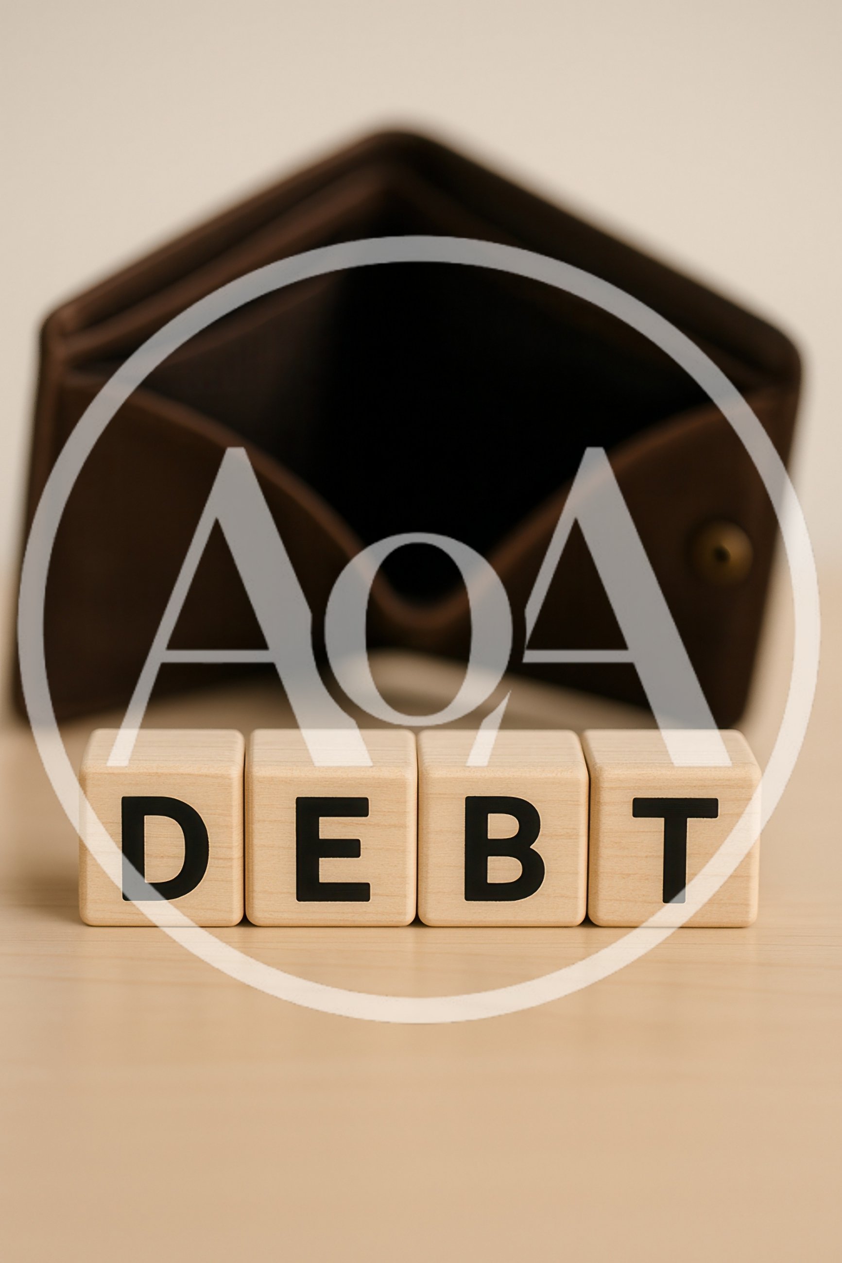 Wooden Blocks Spelling Debt In Front Of Empty Wallet