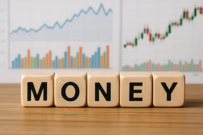 Wooden Blocks Spelling Money On A Financial Chart Background