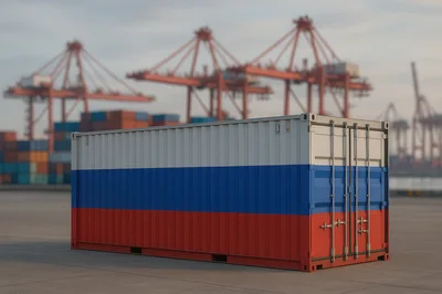 Shipping Container With Russian Flag At Industrial Port