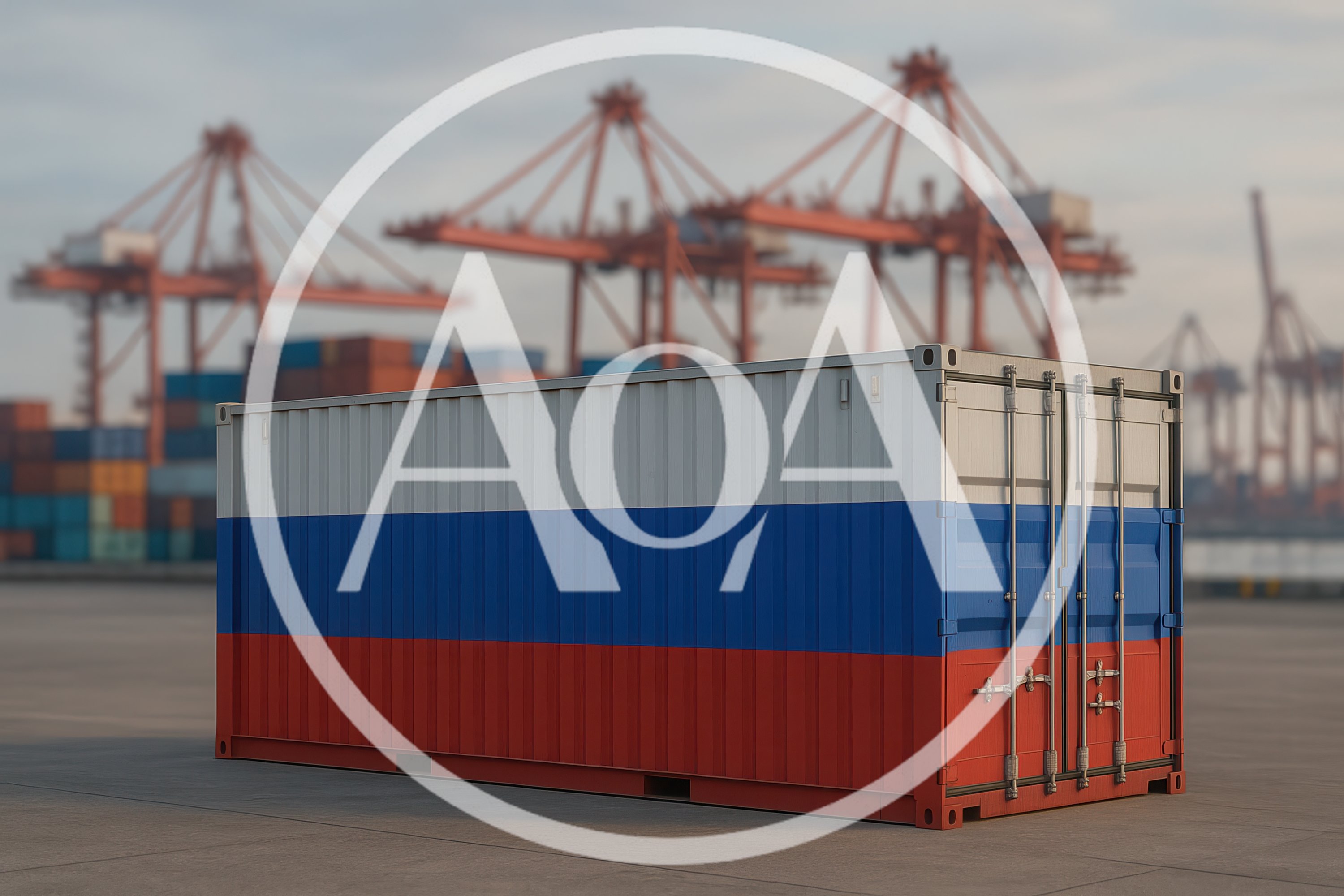 Shipping Container With Russian Flag At Industrial Port