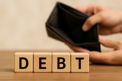 Wooden Blocks Spelling Debt With Empty Wallet