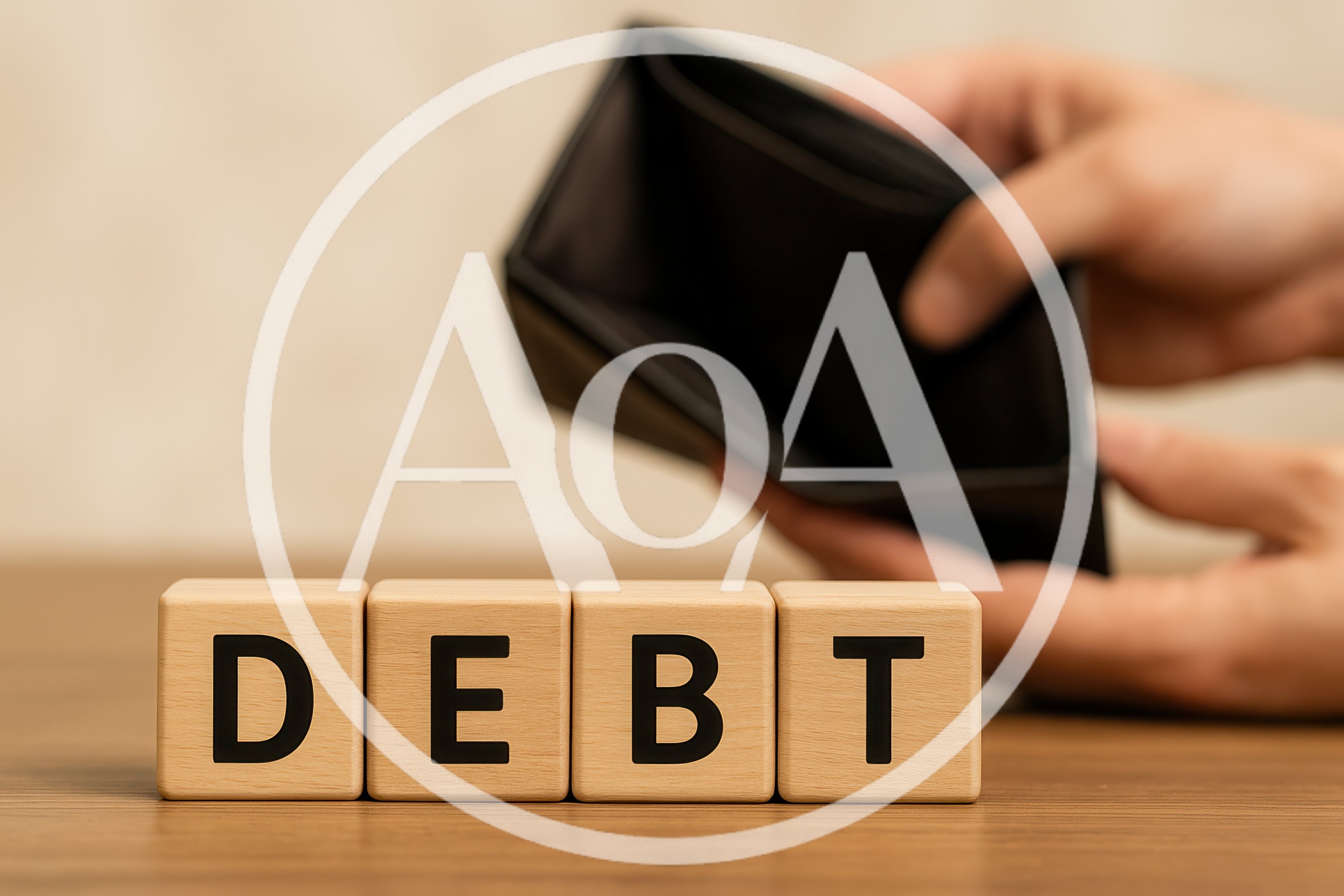 Wooden Blocks Spelling Debt With Empty Wallet