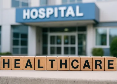 Wooden Blocks Spelling Healthcare In Front Of Hospital Building