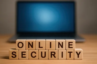 Wooden Blocks Spelling Online Security In Front Of Laptop