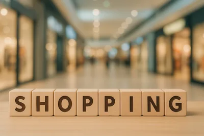 Wooden Blocks Spelling Shopping In A Mall