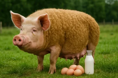 Furry Pig Standing With Eggs And Milk Bottle